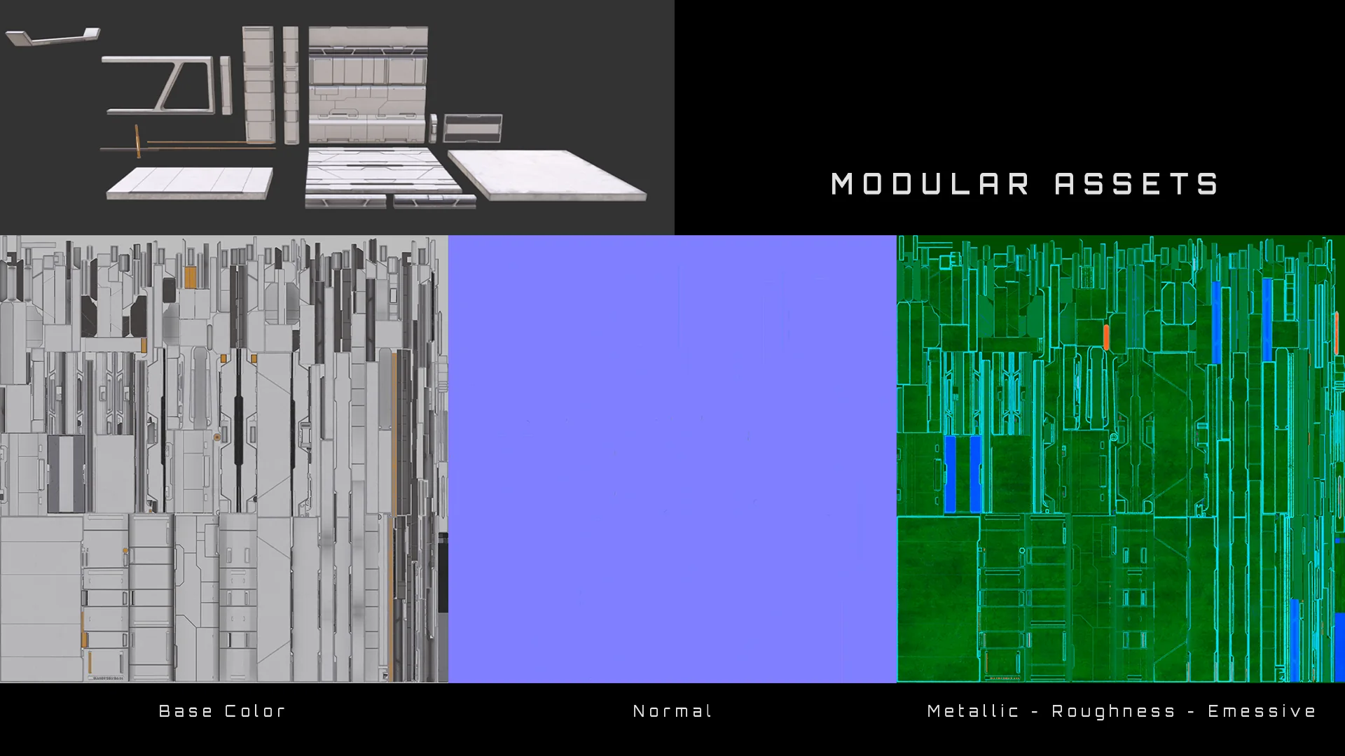 Texture sheet for the modular assets: base colour, normal map, and a packed map carrying metallic, roughness and emissive.