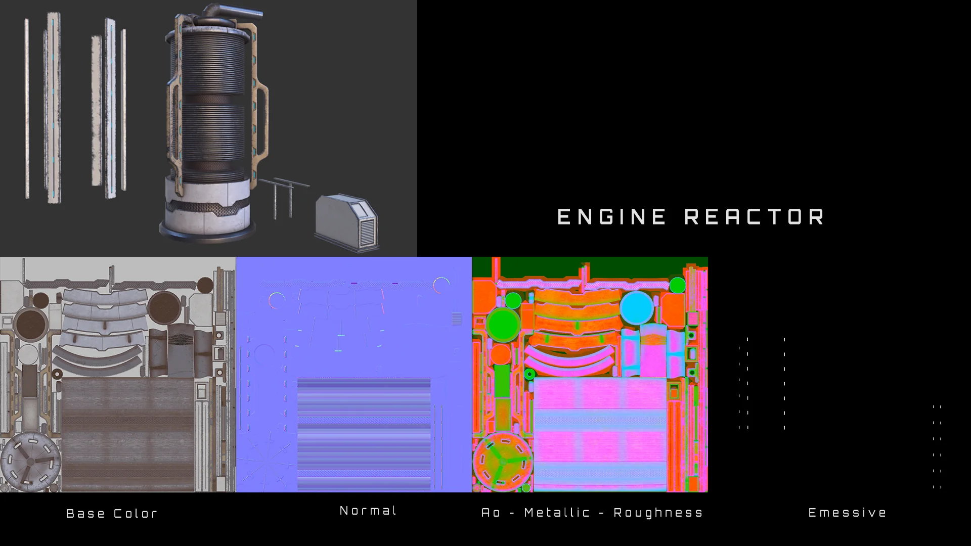 Engine reactor asset with its texture sheet: base colour, normal, packed AO, metallic and roughness, plus the emissive mask.