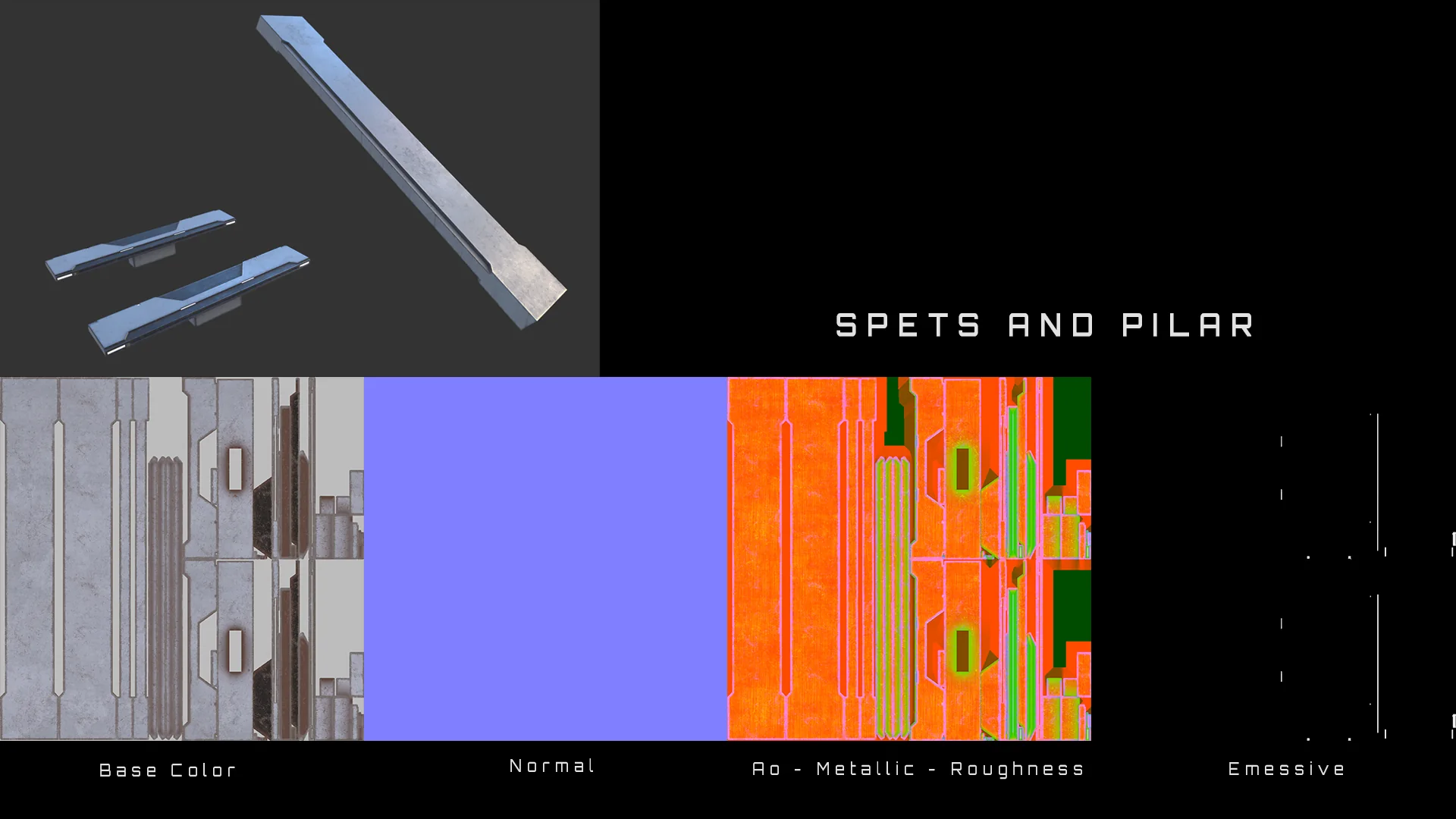 Steps and pillar assets with their texture sheet: base colour, normal, packed AO, metallic and roughness, plus emissive.