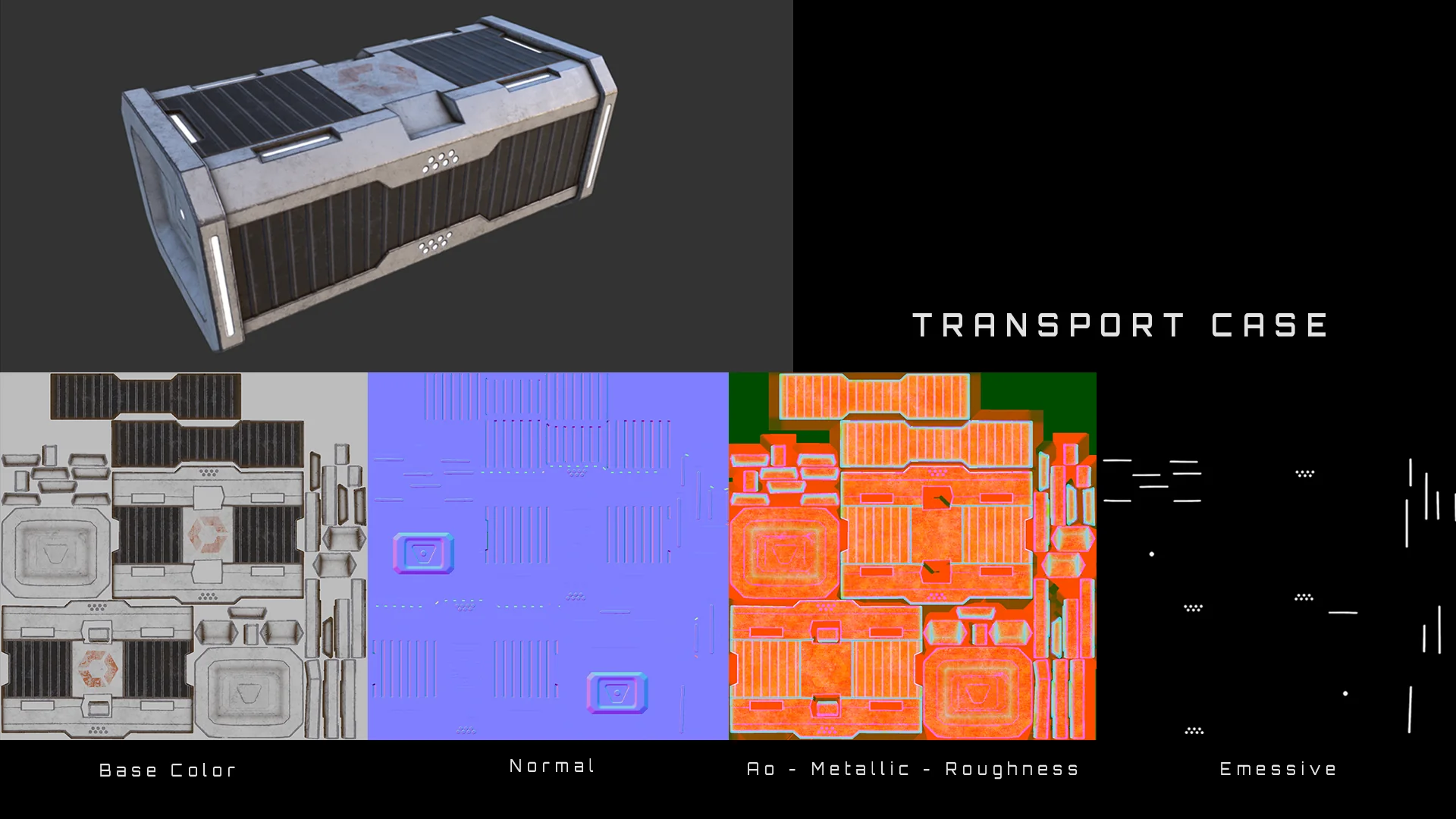 Transport case asset with its texture sheet: base colour, normal, packed AO, metallic and roughness, plus emissive.