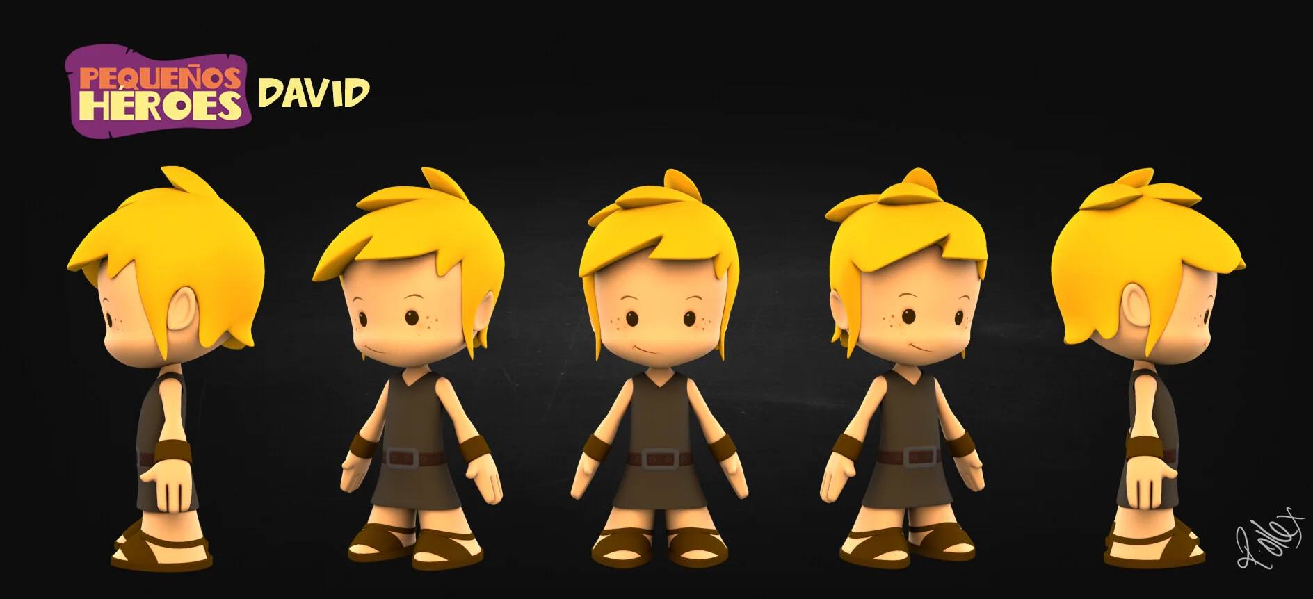 Turnaround sheet for David: five views of the character from front to back, labelled with the series logo.