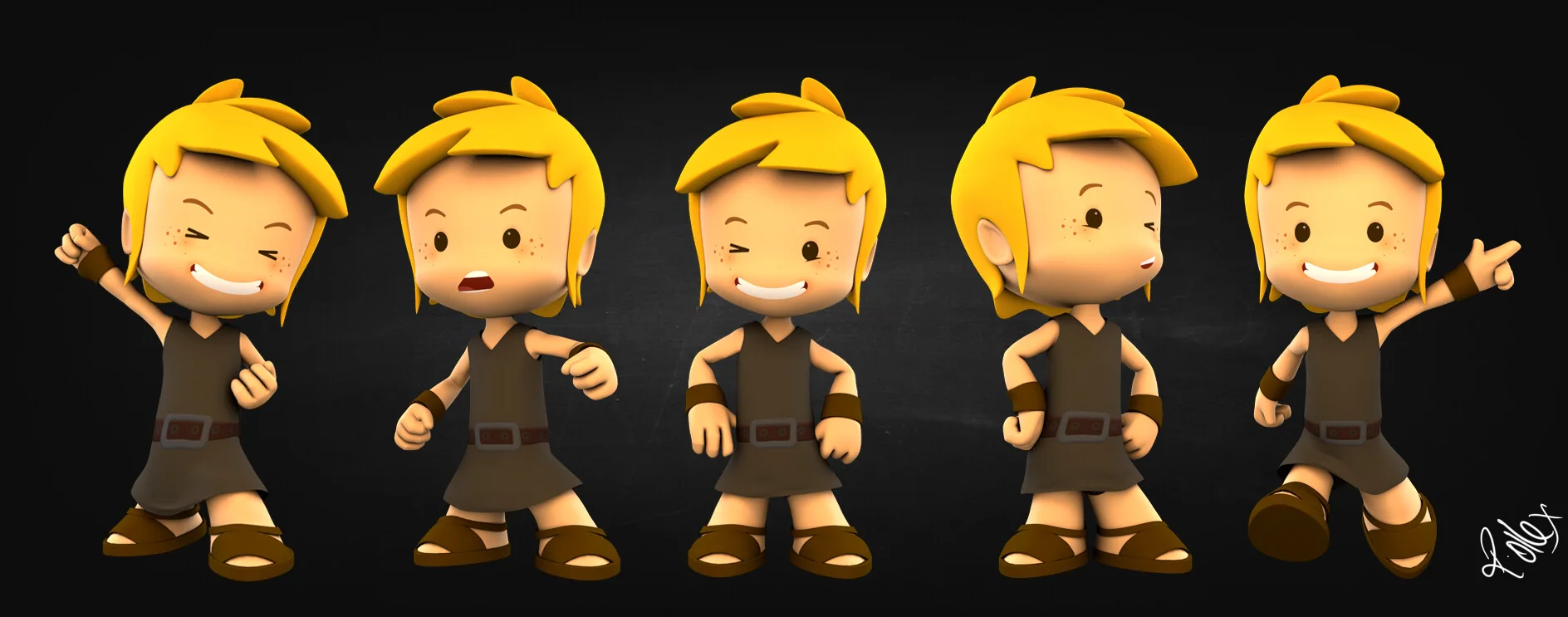 Expression sheet for David: five poses running from laughing to shouting to waving.