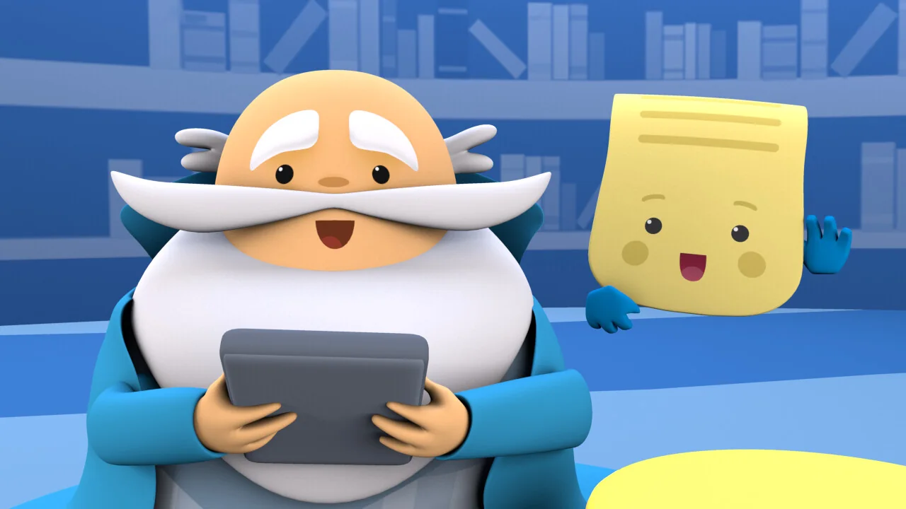 Samuel holding a tablet in a library, a smiling yellow book character beside him.