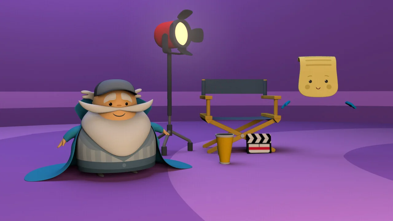 Samuel on a purple film set with a studio light, clapperboard and camera.