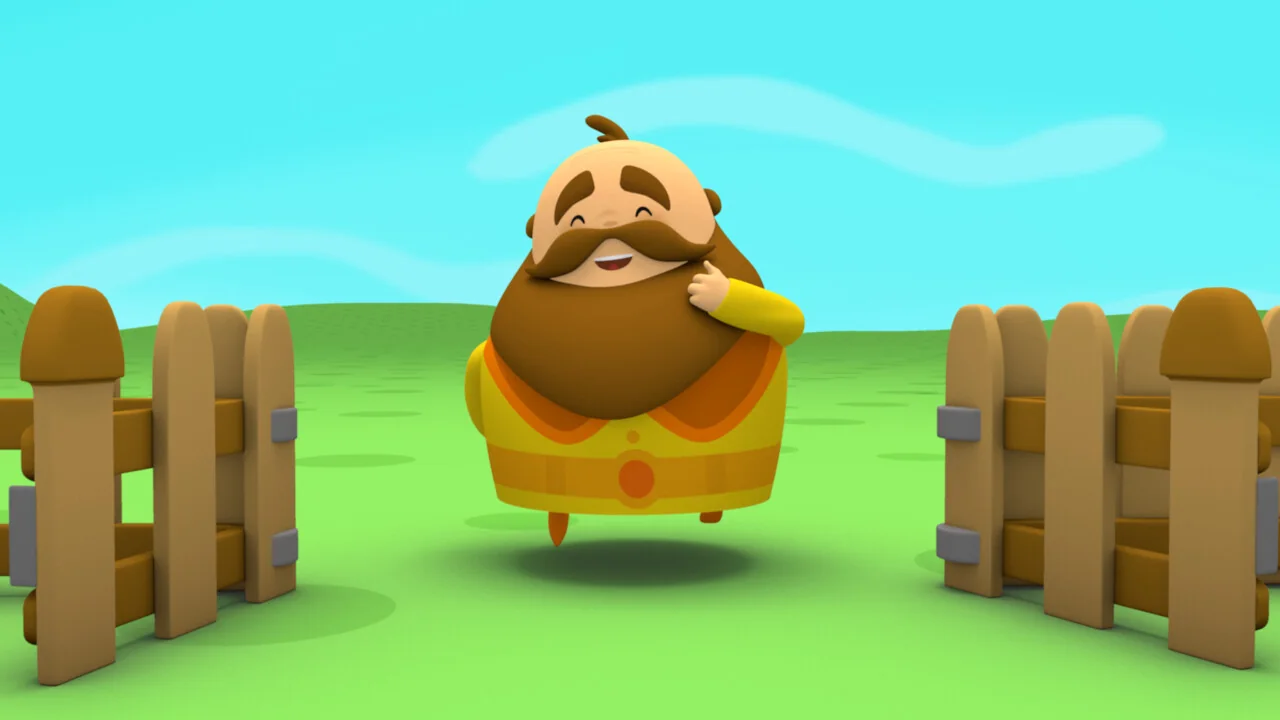 A moustached character in an orange tunic standing between two wooden fences in a field.