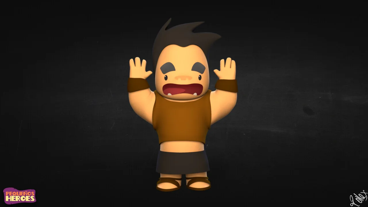 Eliab with both arms raised and mouth open, in a startled pose.