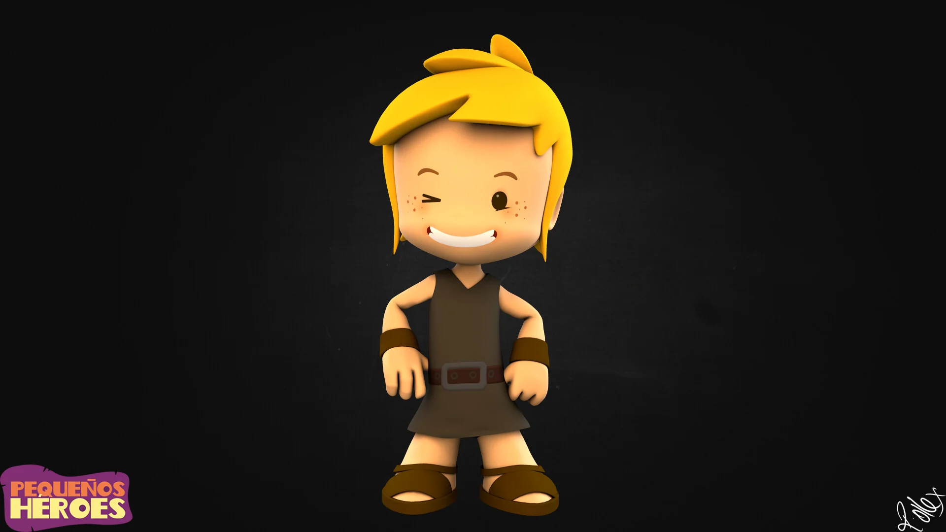 David, the blond boy hero, standing front-on in a brown tunic and belt against a dark backdrop.