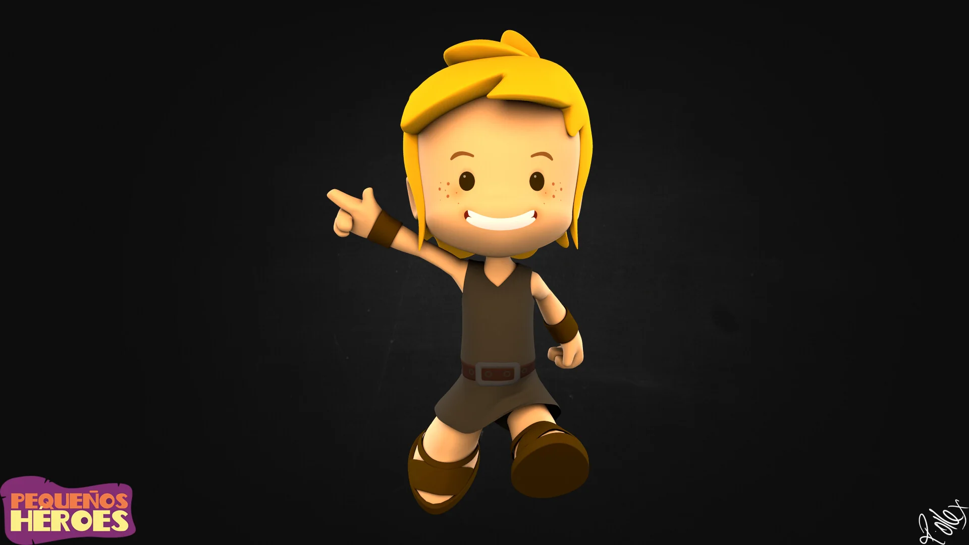 David waving, one arm raised and legs apart in a lively pose.