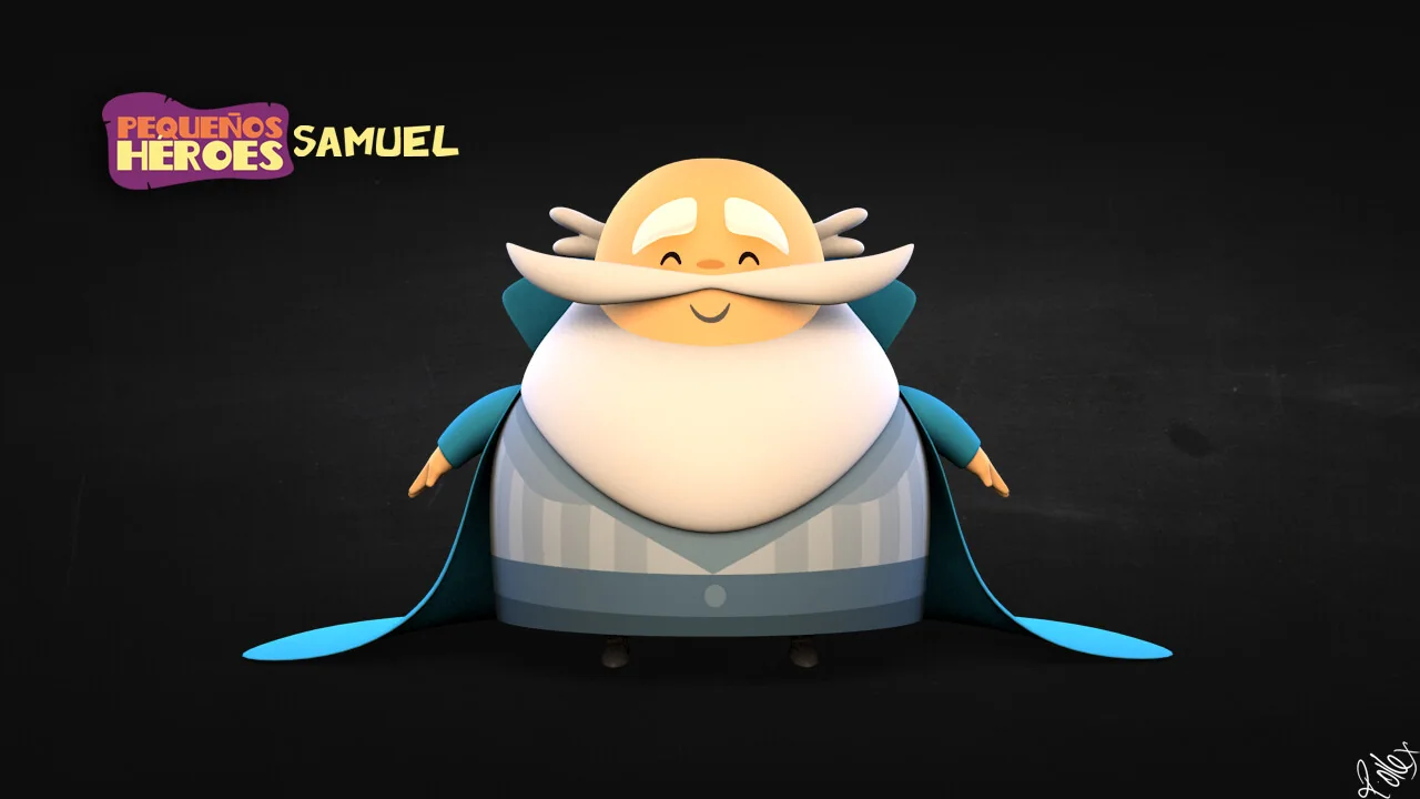 Samuel, a round old man with a long white beard and a blue cape, seen from the front.
