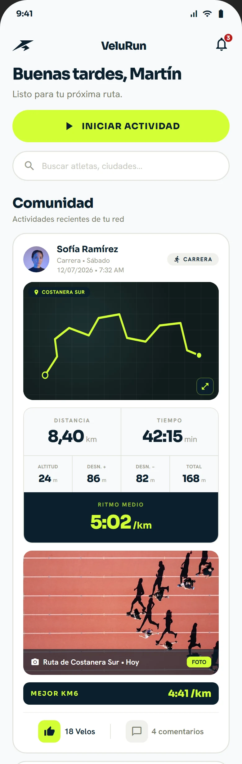 Every activity, one scannable card — VeluRun app screen