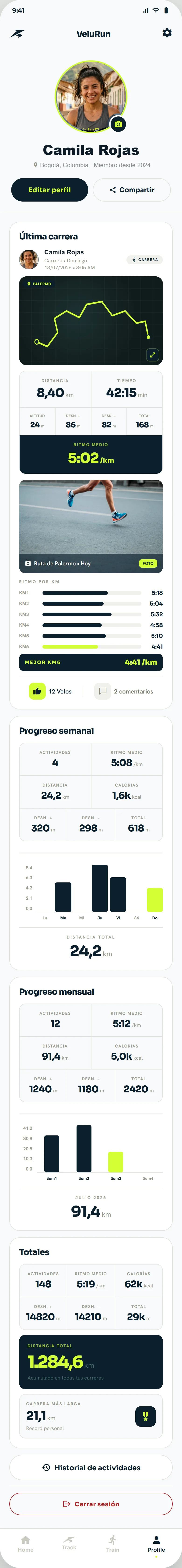 Pace, broken down without digging — VeluRun app screen