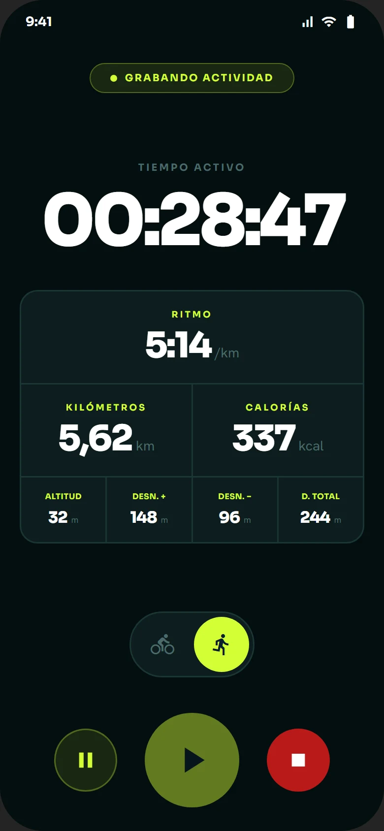 Every number in one glance — VeluRun app screen