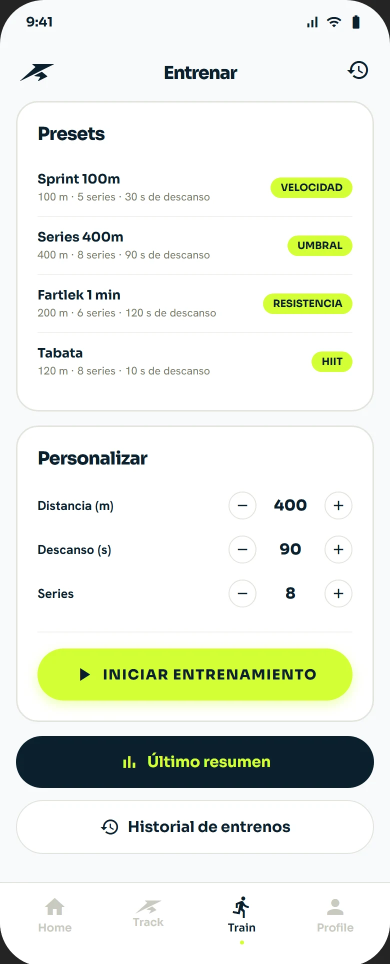 Presets over a blank slate — VeluRun app screen