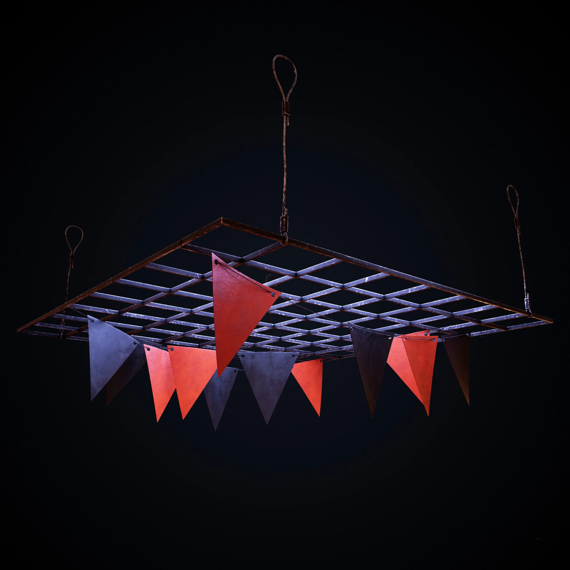 A string of red and blue triangular bunting laid out flat on a grid.