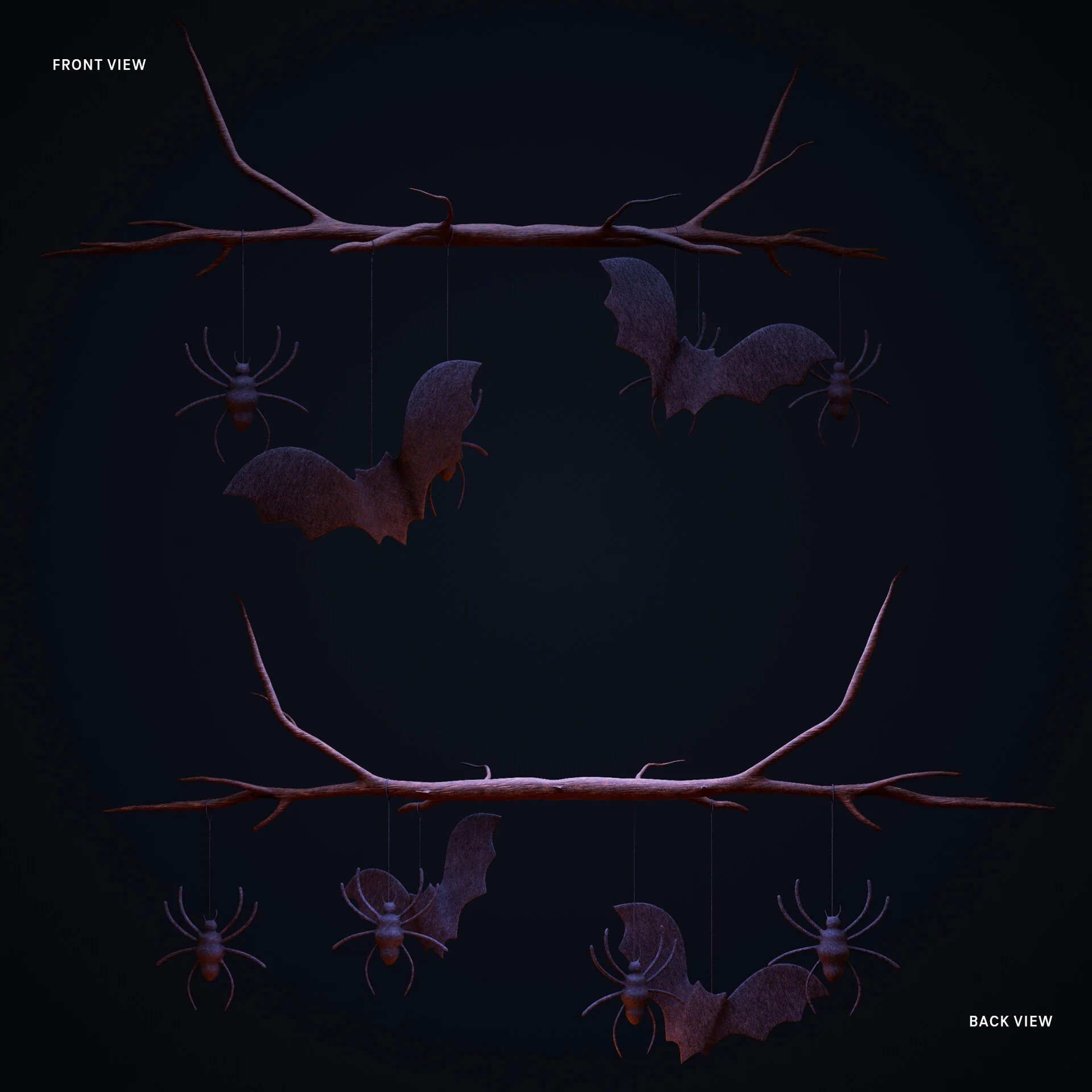 Front and back views of a bare branch strung with hanging bats and spiders.