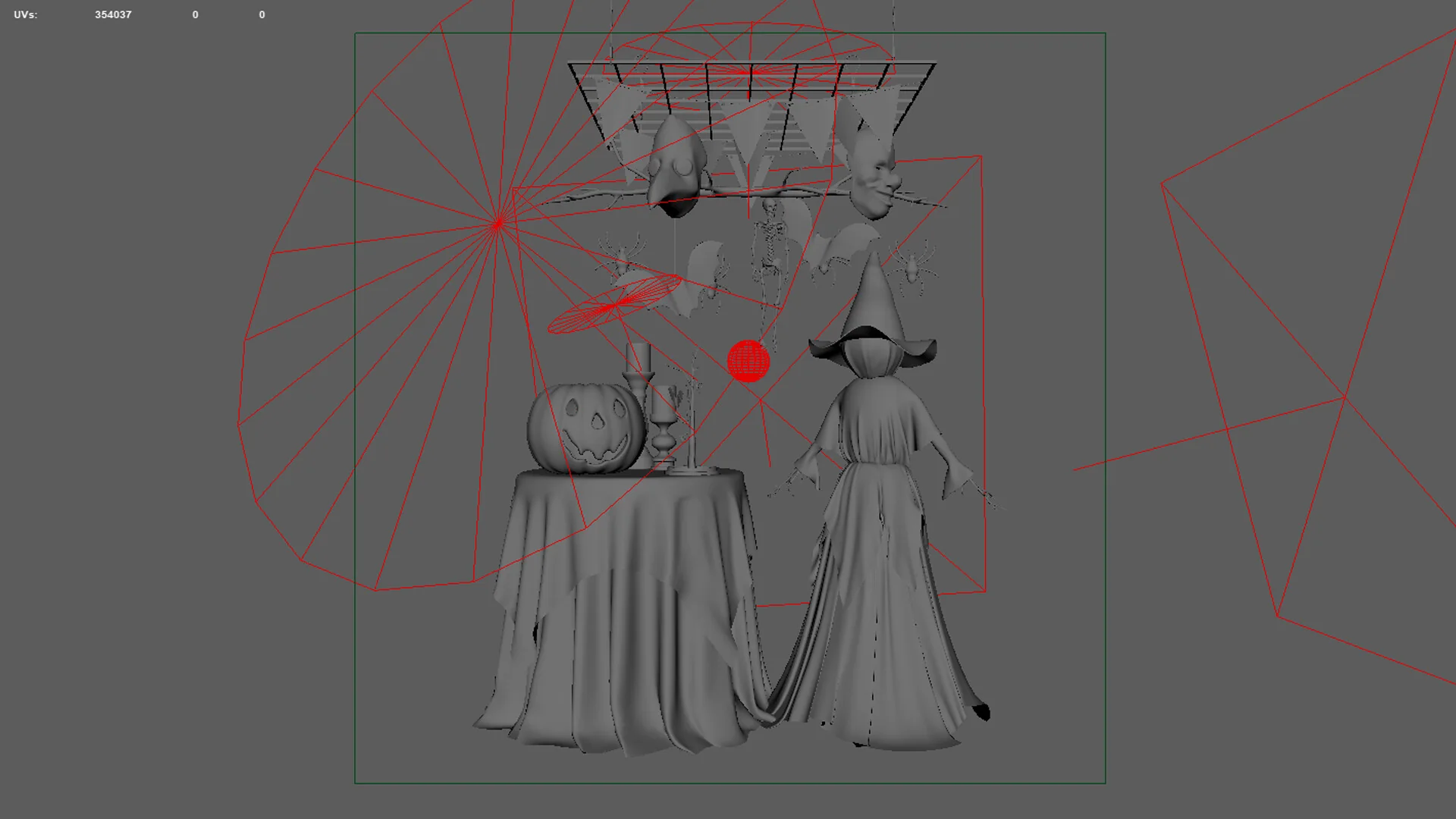 The Maya viewport showing the lighting rig, its lights and cones drawn in red around the set.