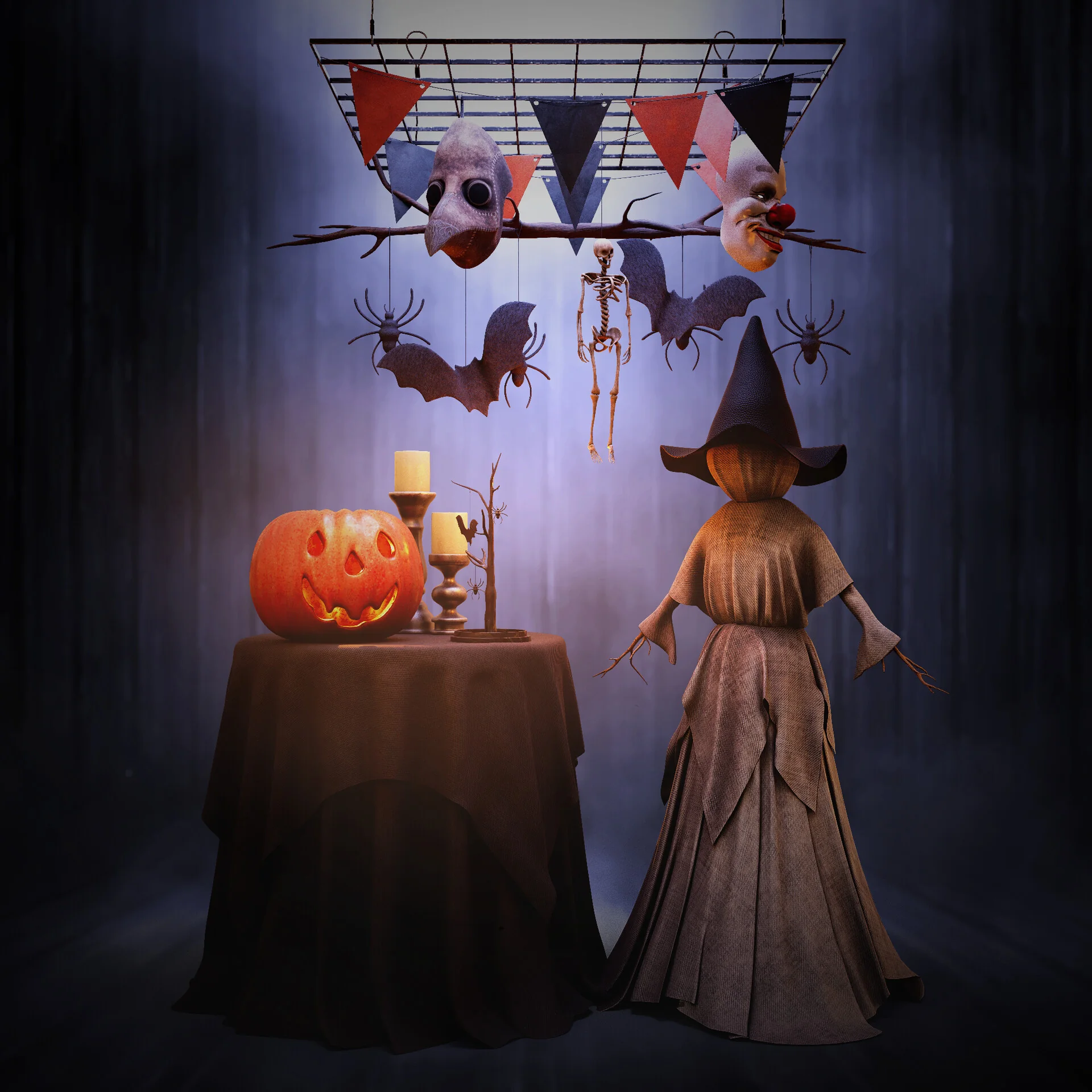 Halloween shop display: a witch mannequin in a tattered dress beside a table with a carved pumpkin and a candle, bats and masks strung overhead on a rail.