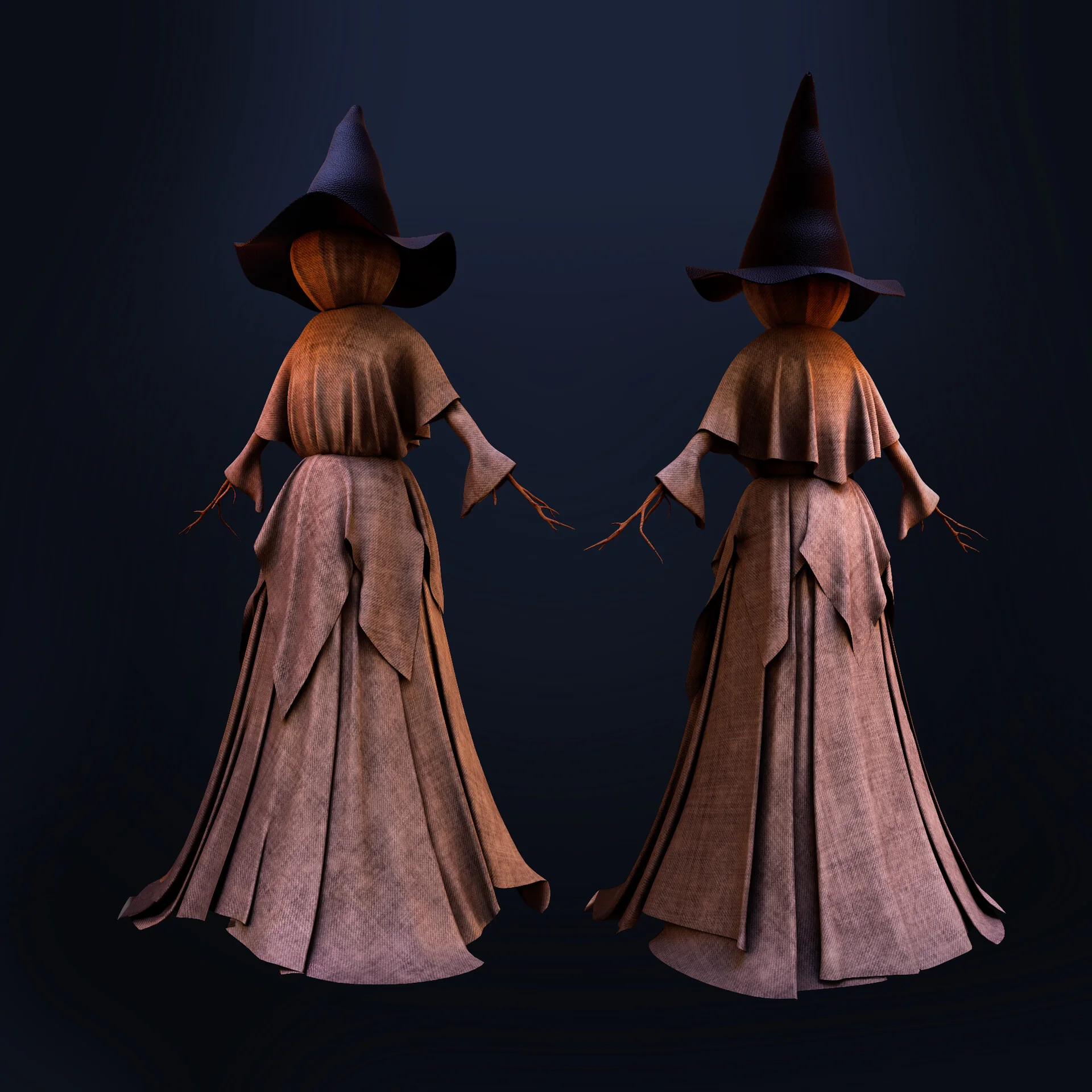 The scarecrow witch figure from the front and the back, in a pointed hat and layered cloth dress.