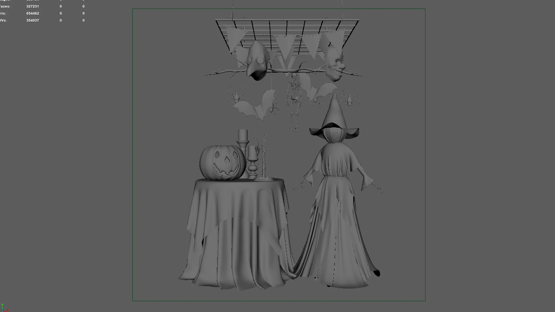 The full scene open in the Maya viewport, shaded in flat grey.