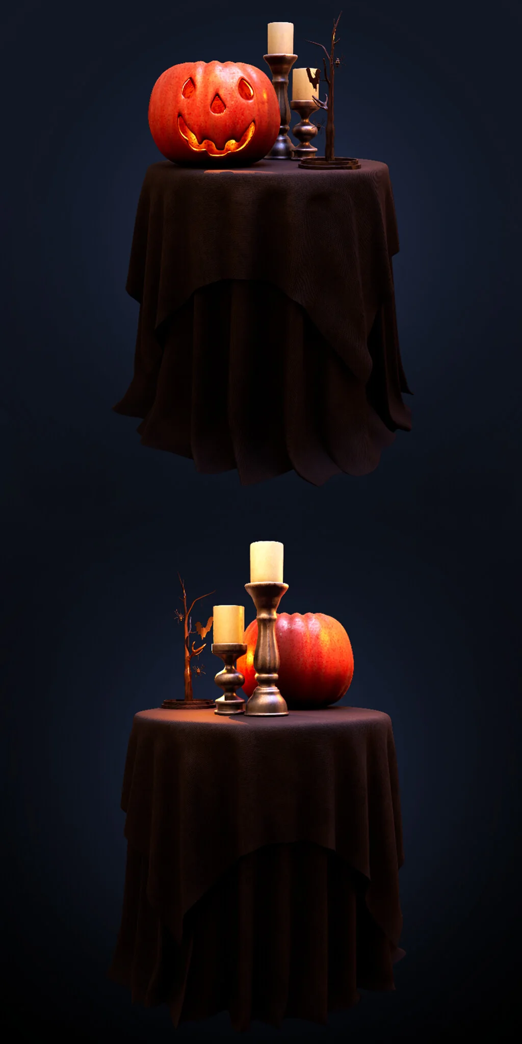 The draped table with the carved pumpkin and candle, shown from two angles.