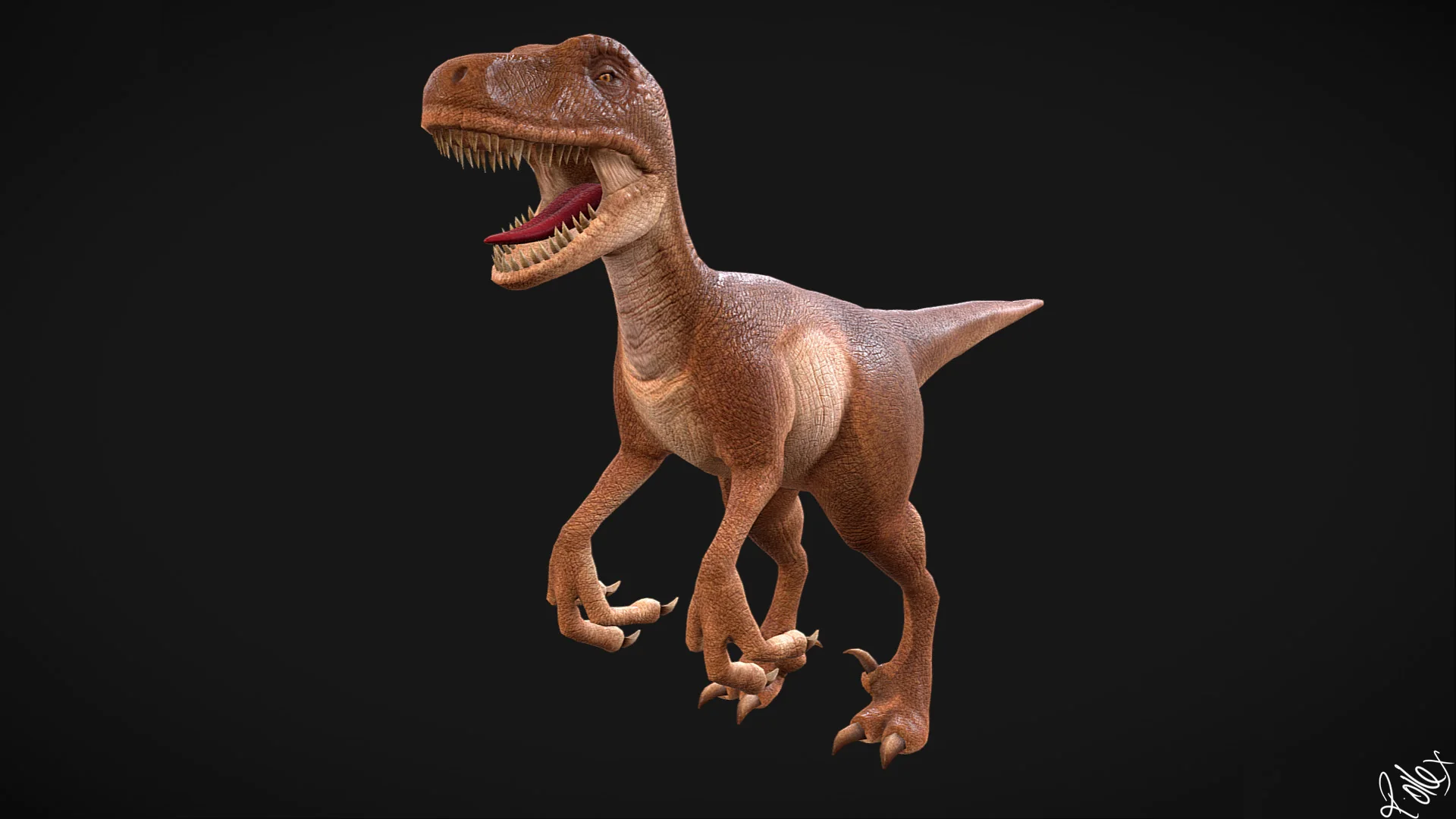 Textured velociraptor seen from the front left, mouth open, against a black backdrop.
