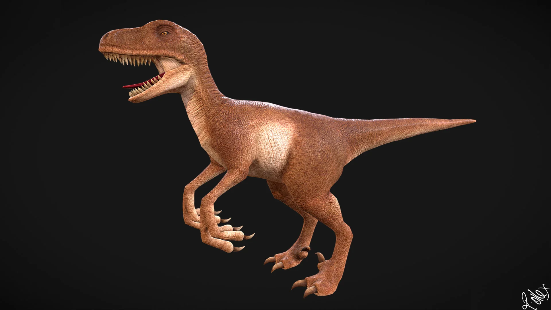 Three-quarter view of the raptor from the right, showing the full length of the tail.