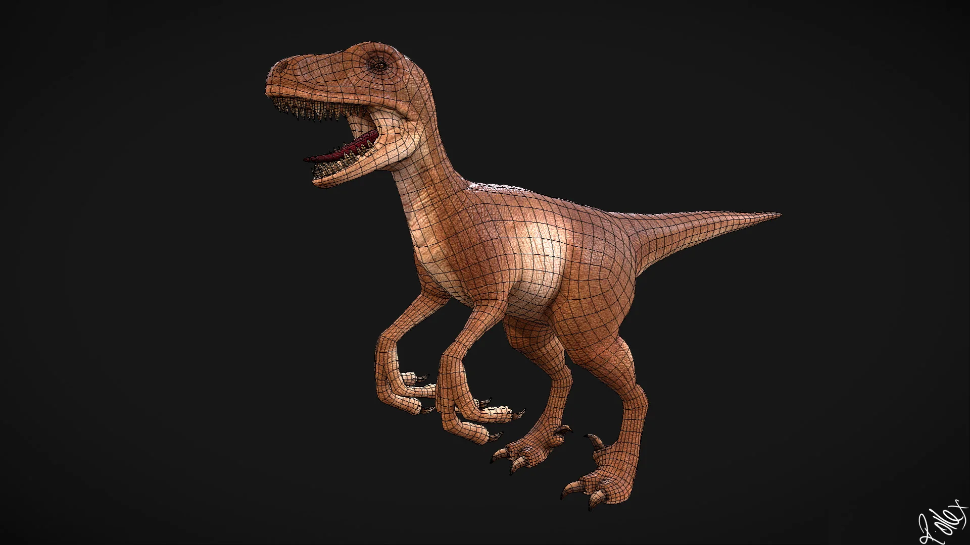 The same pose with the wireframe overlaid, showing the edge flow across the body, limbs and tail.