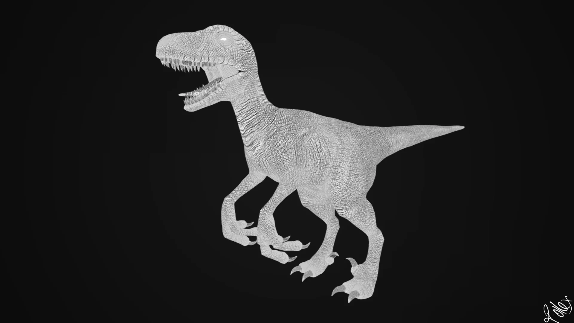 Untextured grey clay render of the raptor, showing the sculpted surface on its own.