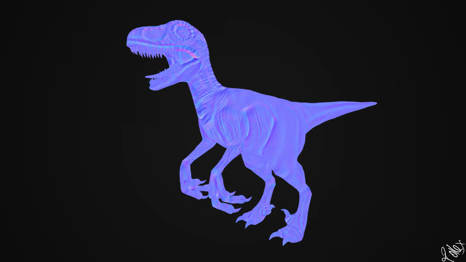 The raptor displayed with a normal-map shader, rendering the whole animal in violet-blue.