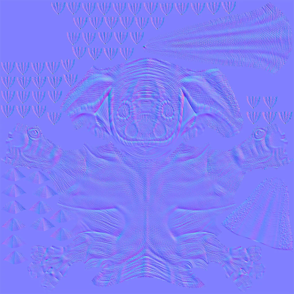 Normal map for the raptor, showing the sculpted scale and wrinkle detail in blue and violet.