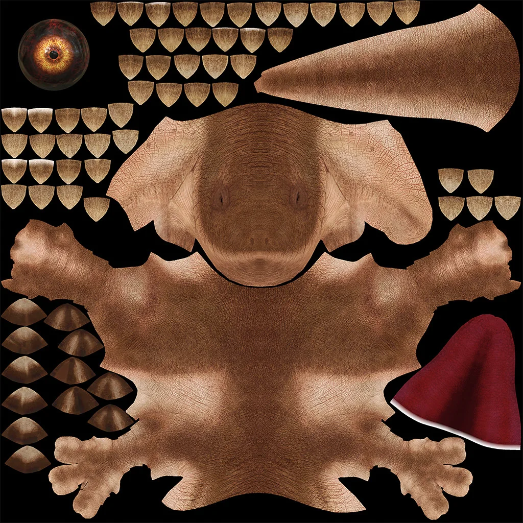 Unwrapped colour texture map for the raptor, with scale and skin shells laid out across the sheet.