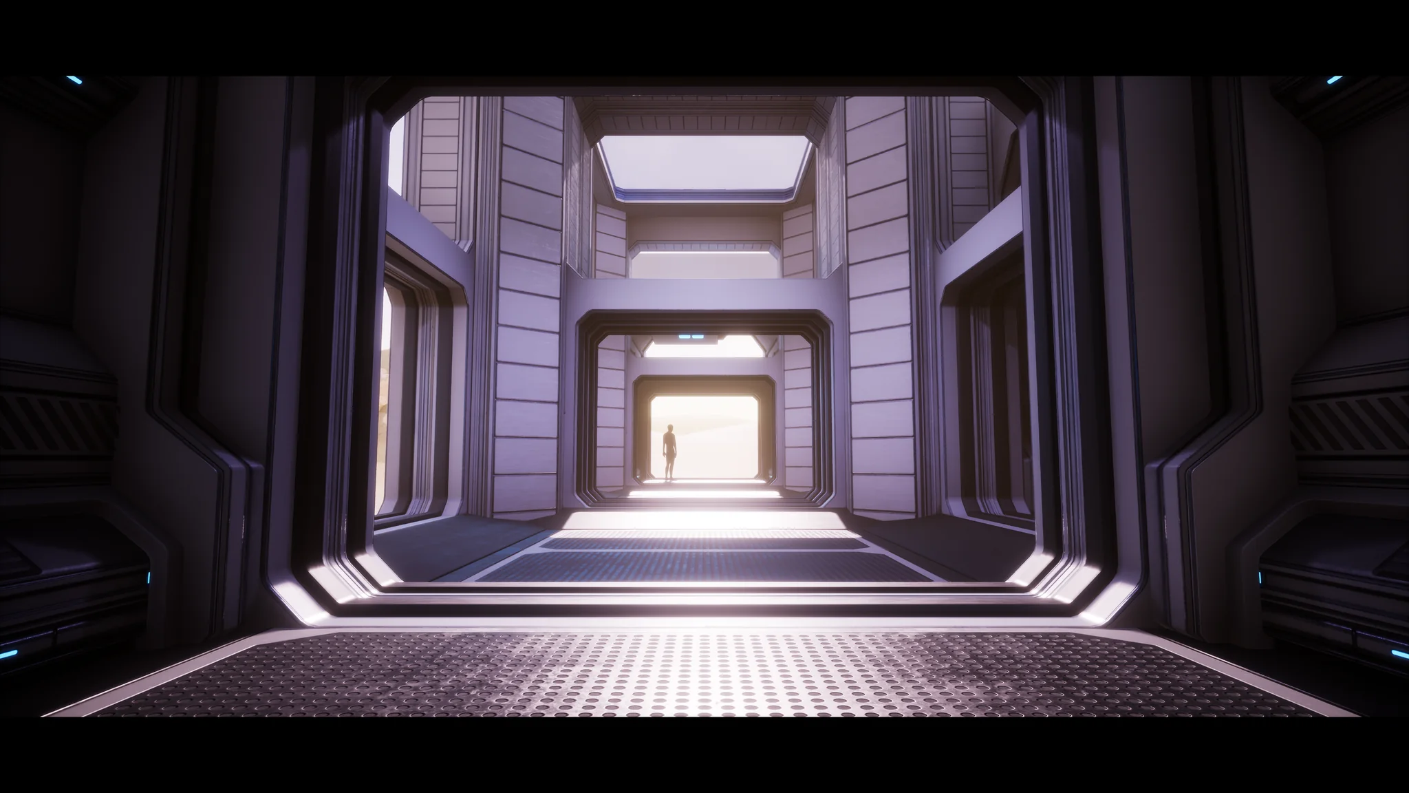 Deep symmetrical perspective through successive doorways, with a figure silhouetted at the end of the run.