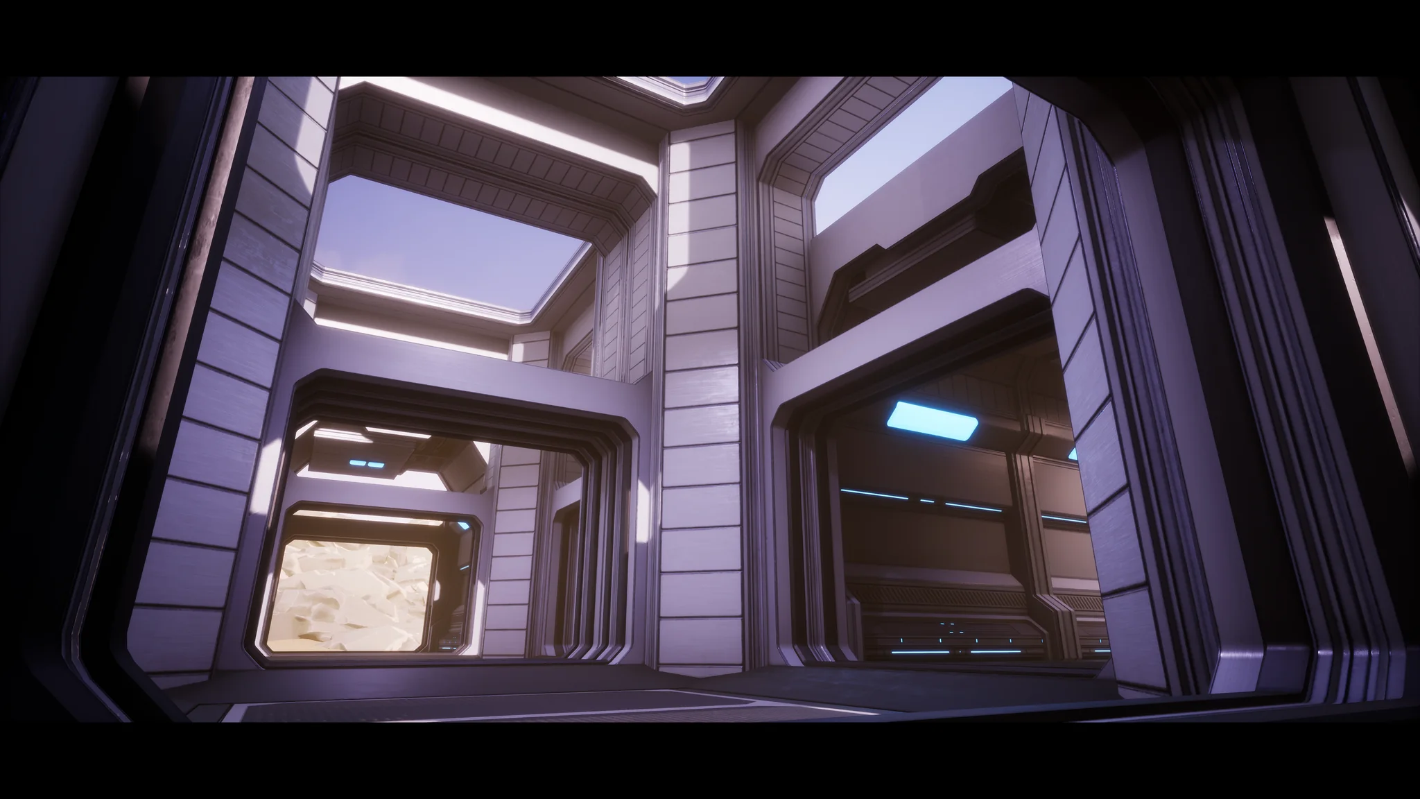 Interior atrium of the sci-fi station, tall white panelled walls with cyan strip lights and a window onto the sand outside.