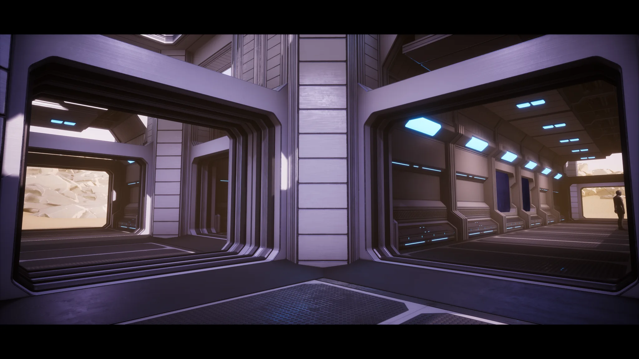 Corridor crossing with a long lit passage to the right and a figure standing at the far end.