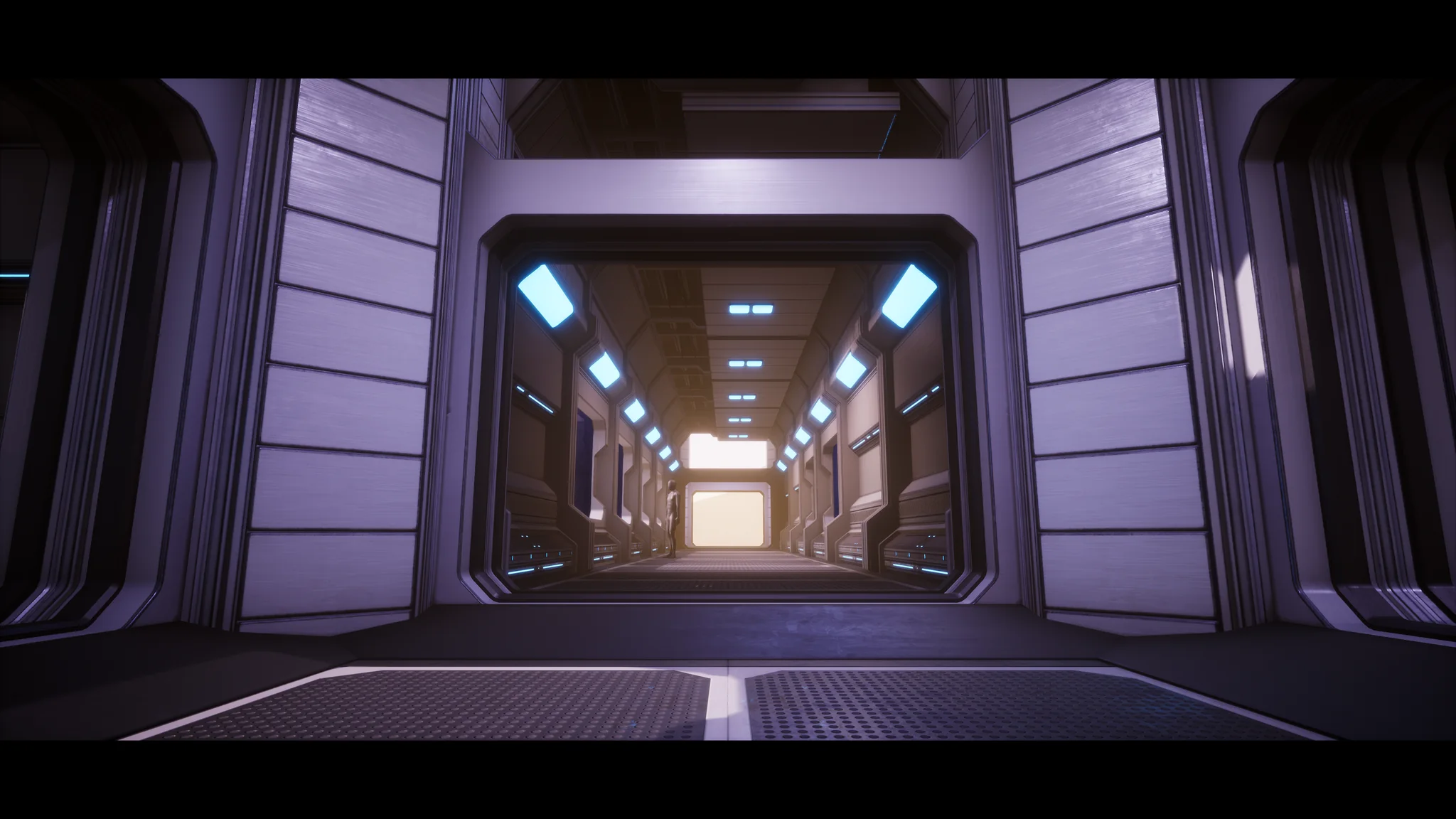 Symmetrical view down a long corridor, cyan strip lights receding toward a bright doorway with a figure in it.