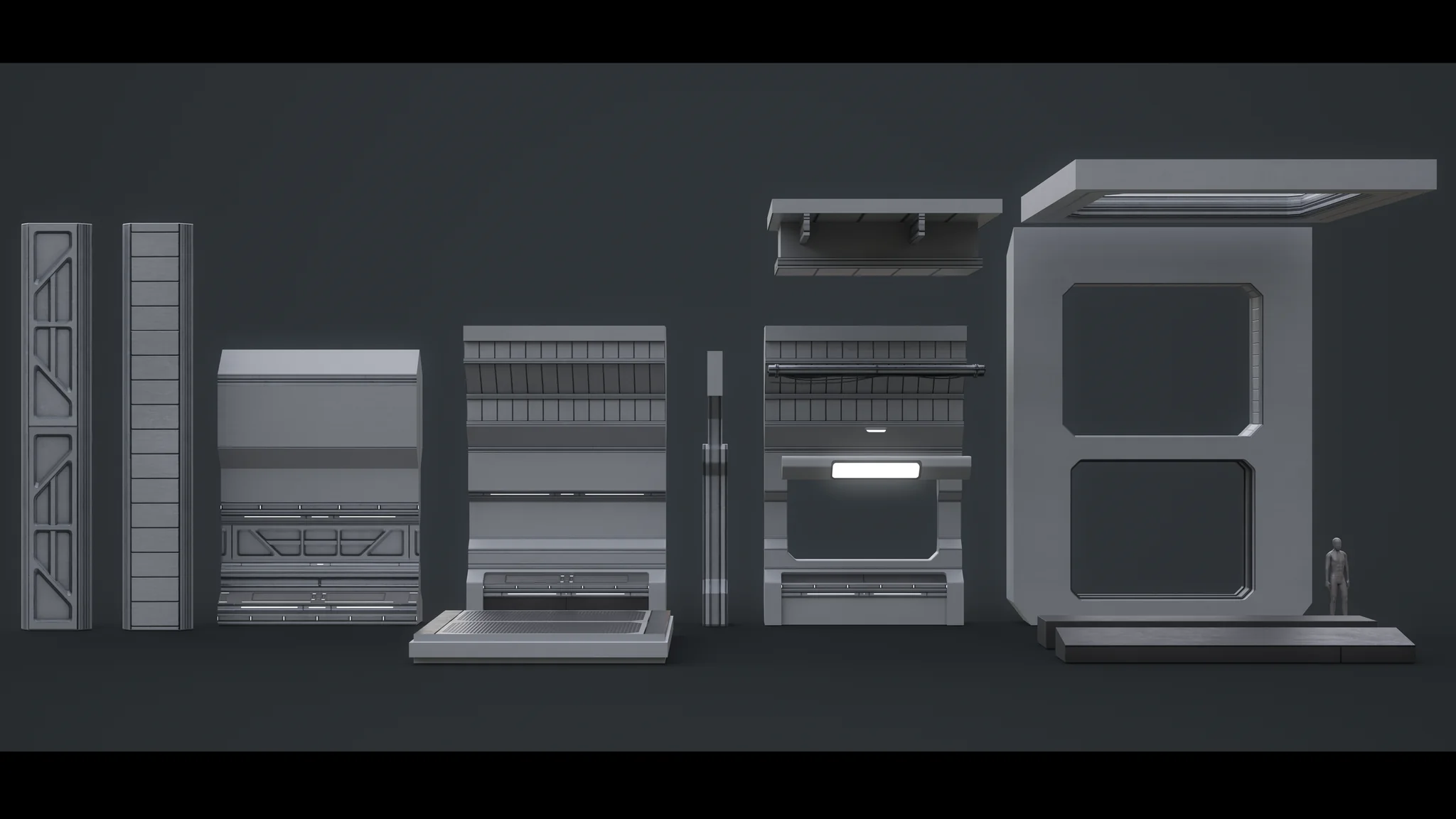 The modular kit laid out in grey: columns, wall panels, floor sections, a lit console and a large doorway frame, with a human figure for scale.