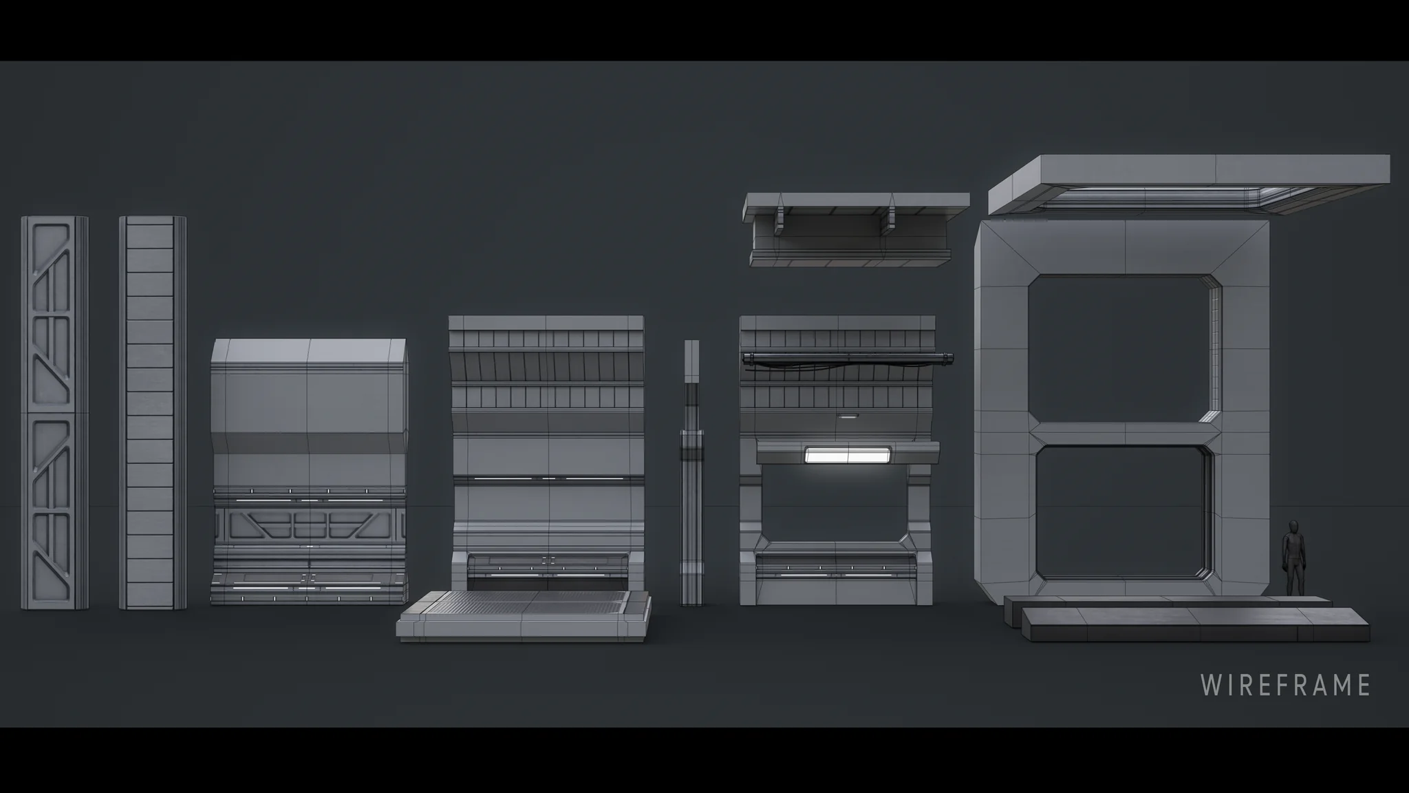 The same modular kit with the wireframe overlaid.