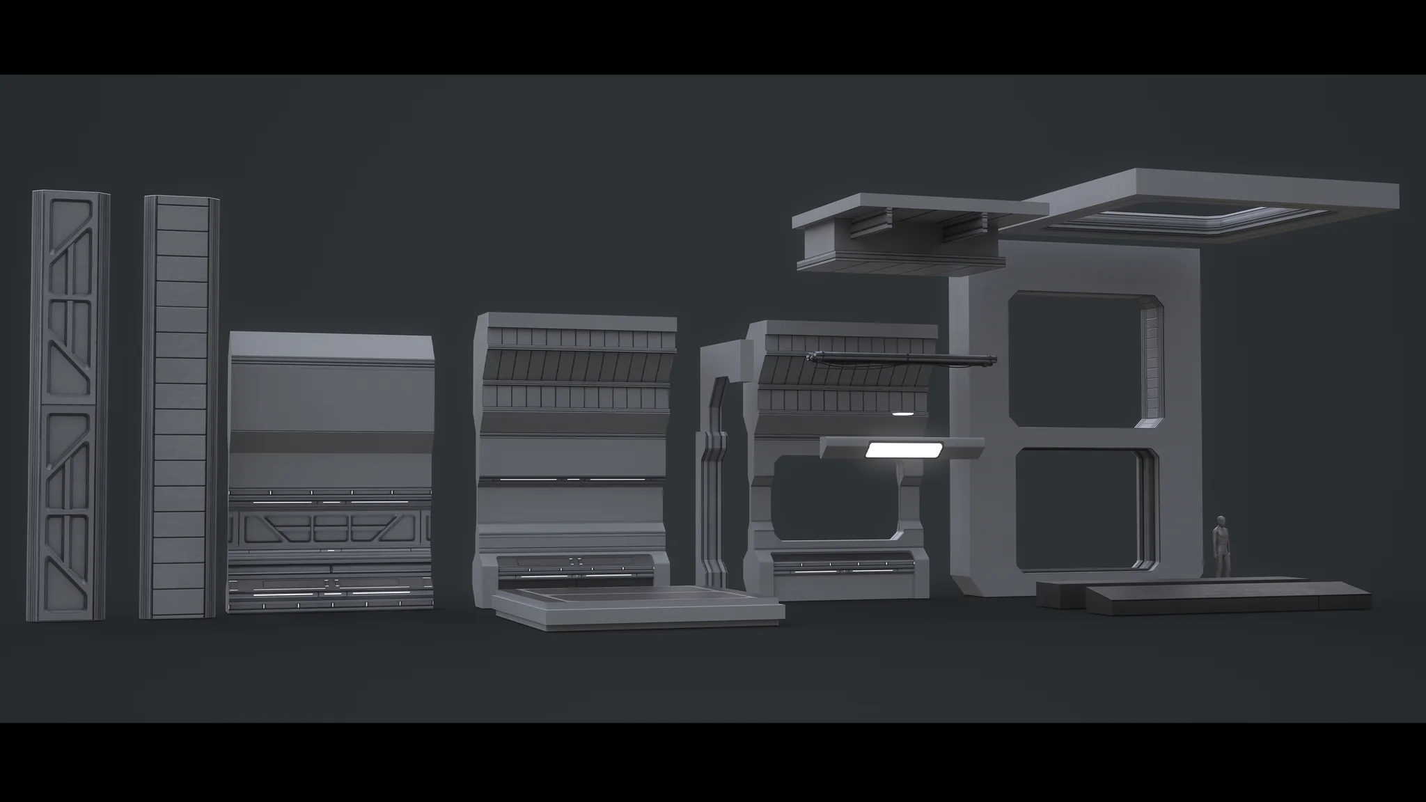 The modular kit seen in three-quarter perspective, showing the depth of each piece.