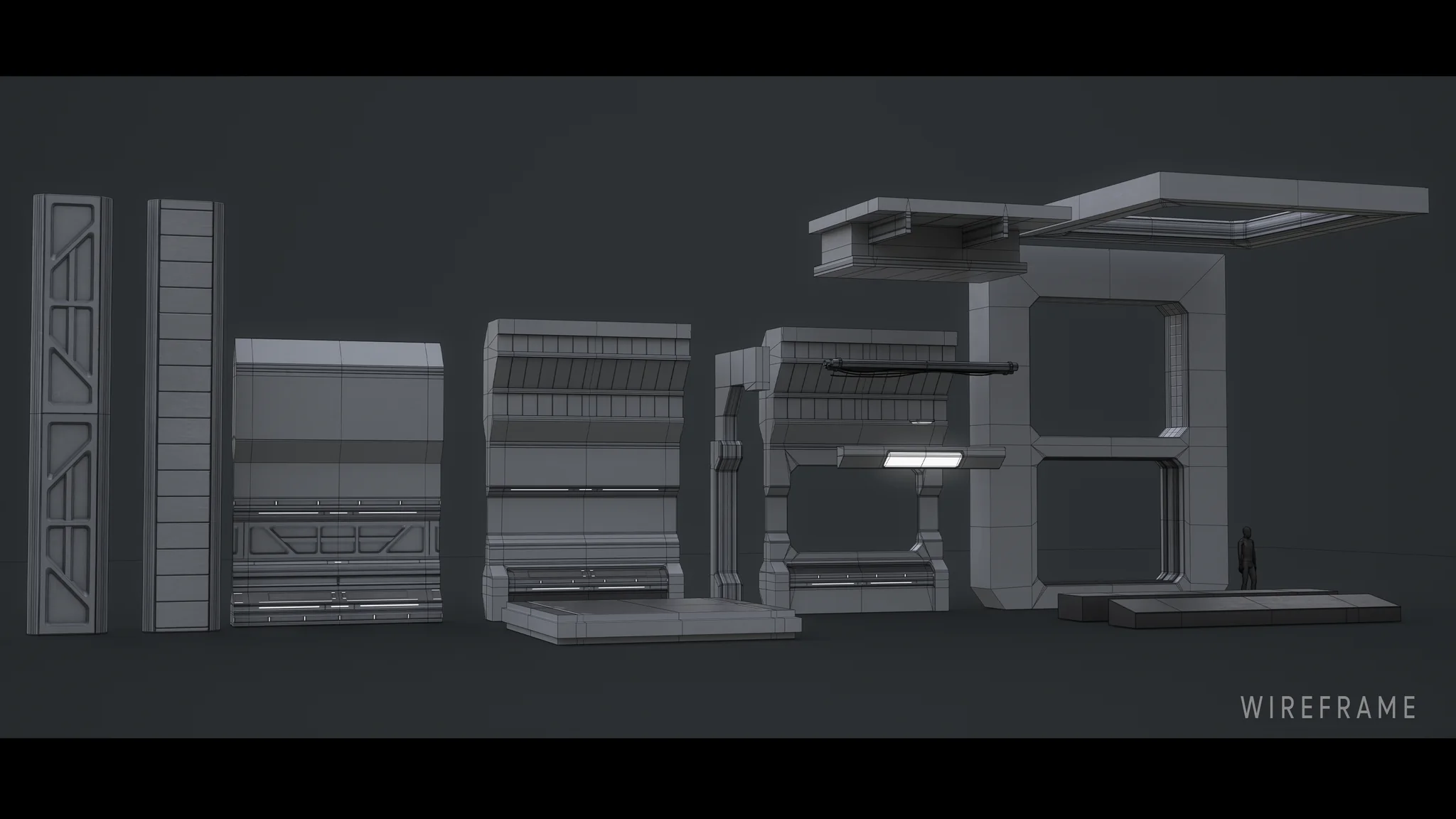 The three-quarter view of the kit with the wireframe overlaid.