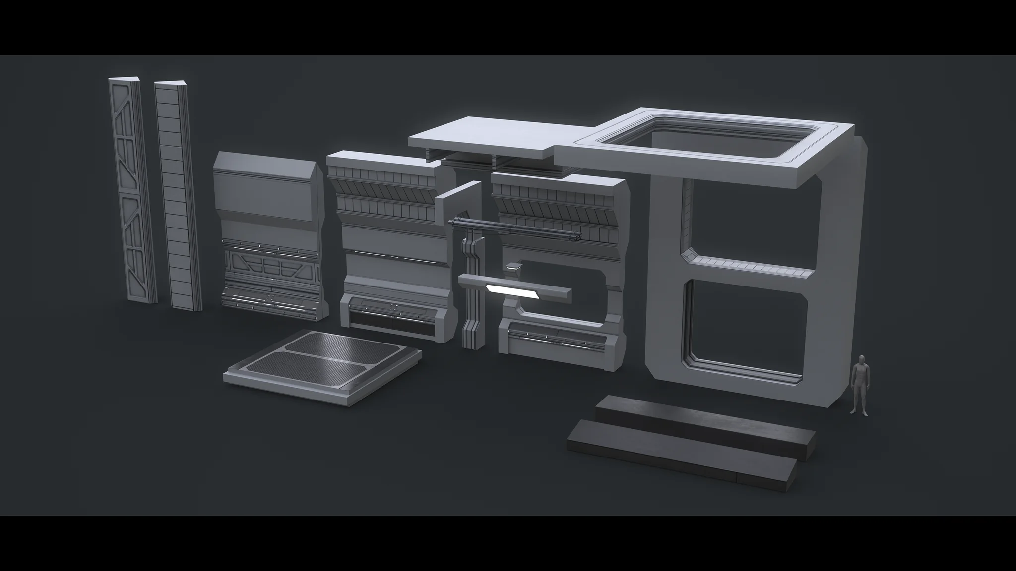 Open perspective of the full kit with the doorway frame and floor sections spread out, figure for scale.