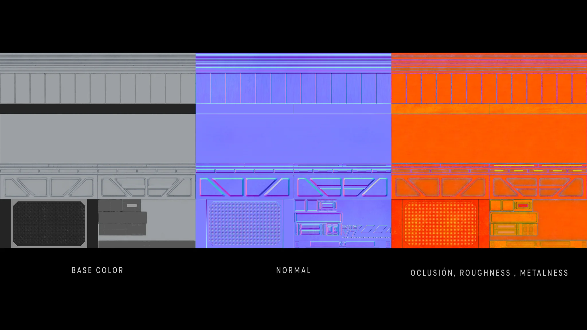 Trimsheet texture set: base colour, normal map, and a packed map with occlusion, roughness and metalness.