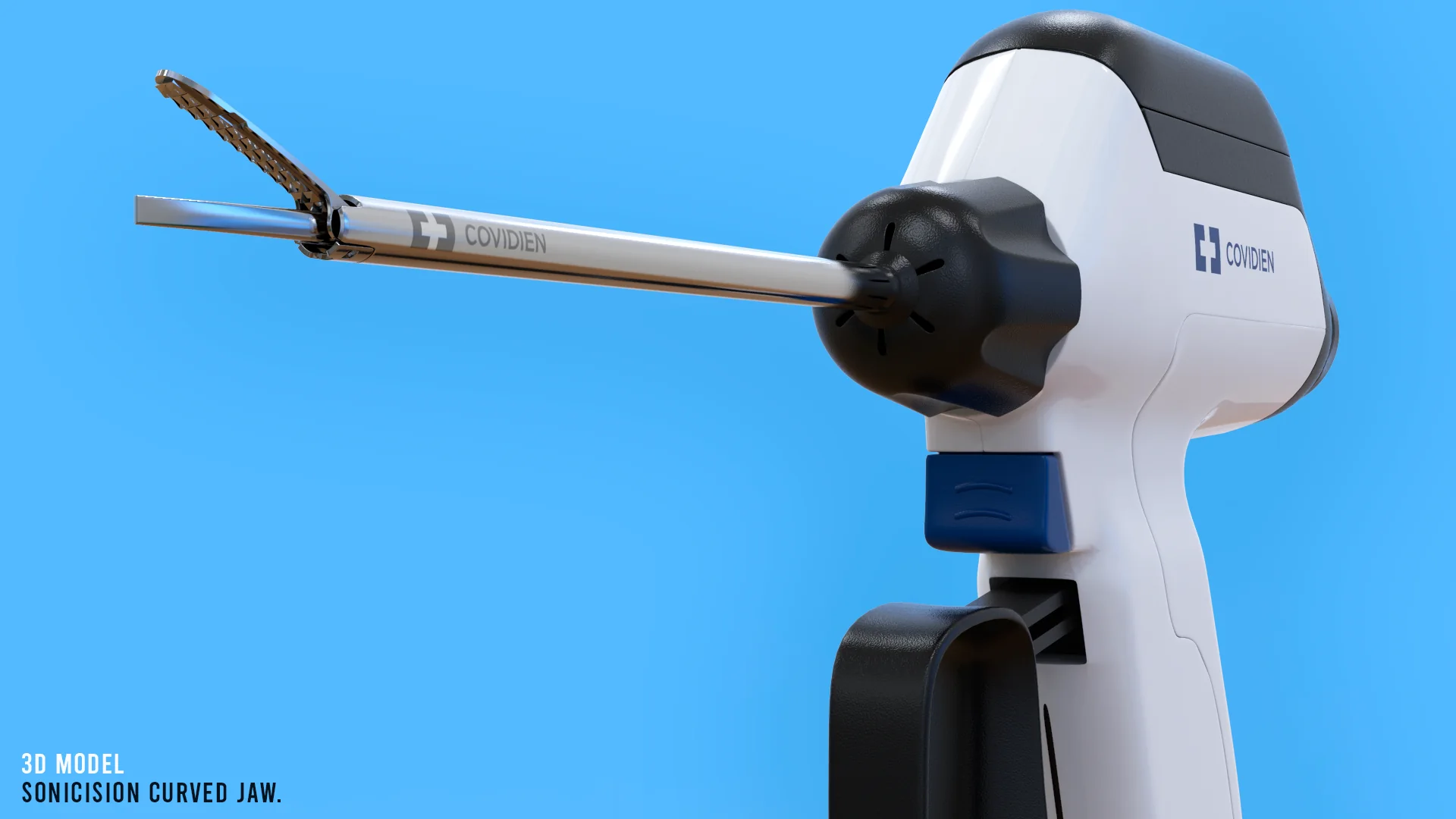 Covidien Sonicision surgical gun with the curved-jaw head open, white and black body with a blue actuator, on a blue backdrop.