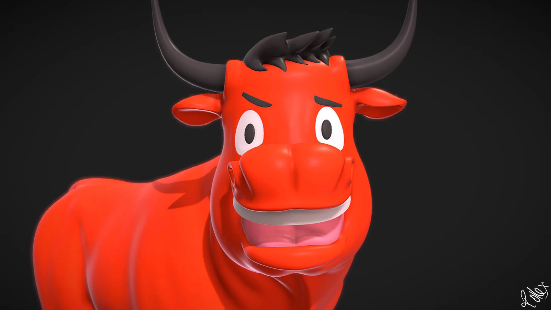 Close front view of a bright red cartoon bull with black horns, grinning at the camera.