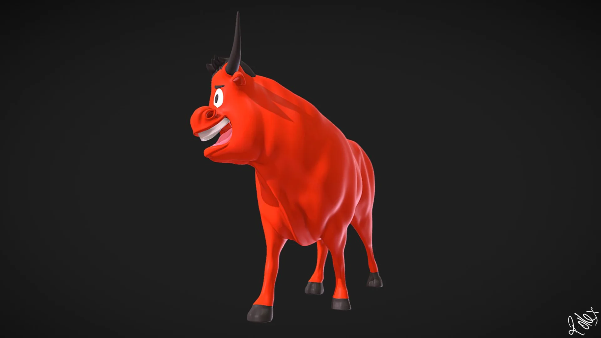 Three-quarter view from the front left, the bull turning its head toward the camera.